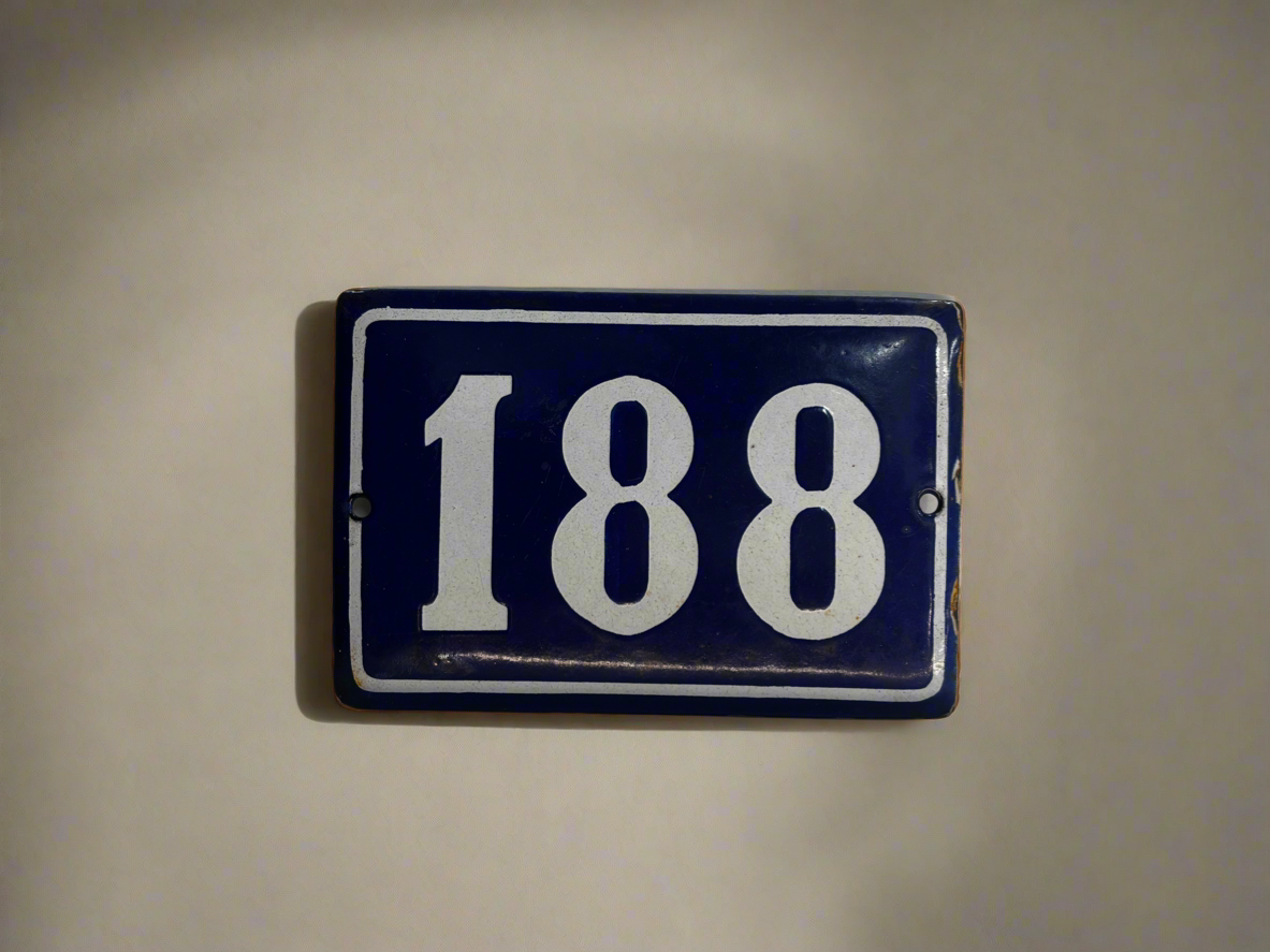 Vintage Enamel, Porcelain on Steel, European House Number Cobalt Blue