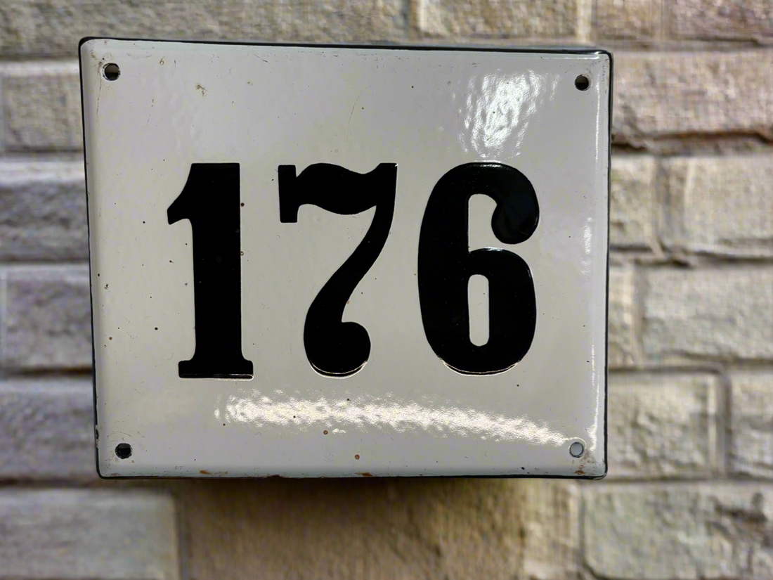 Vintage Enamel, Porcelain on Steel, European House Number, White and Black