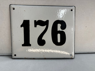 Vintage Enamel, Porcelain on Steel, European House Number, White and Black