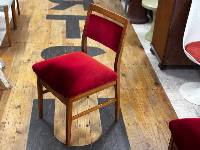 Mid century red velvet and oak dining chair