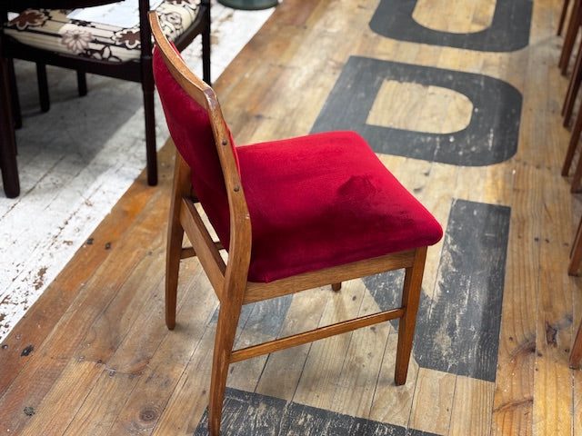 Mid century red velvet and oak dining chair
