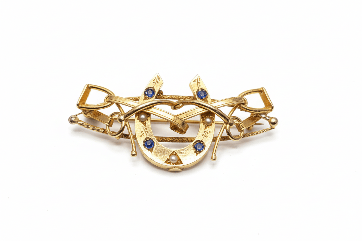 Antique 18ct Gold, Sapphire and Seed Pearl Horseshoe Brooch Vintage Jewelry