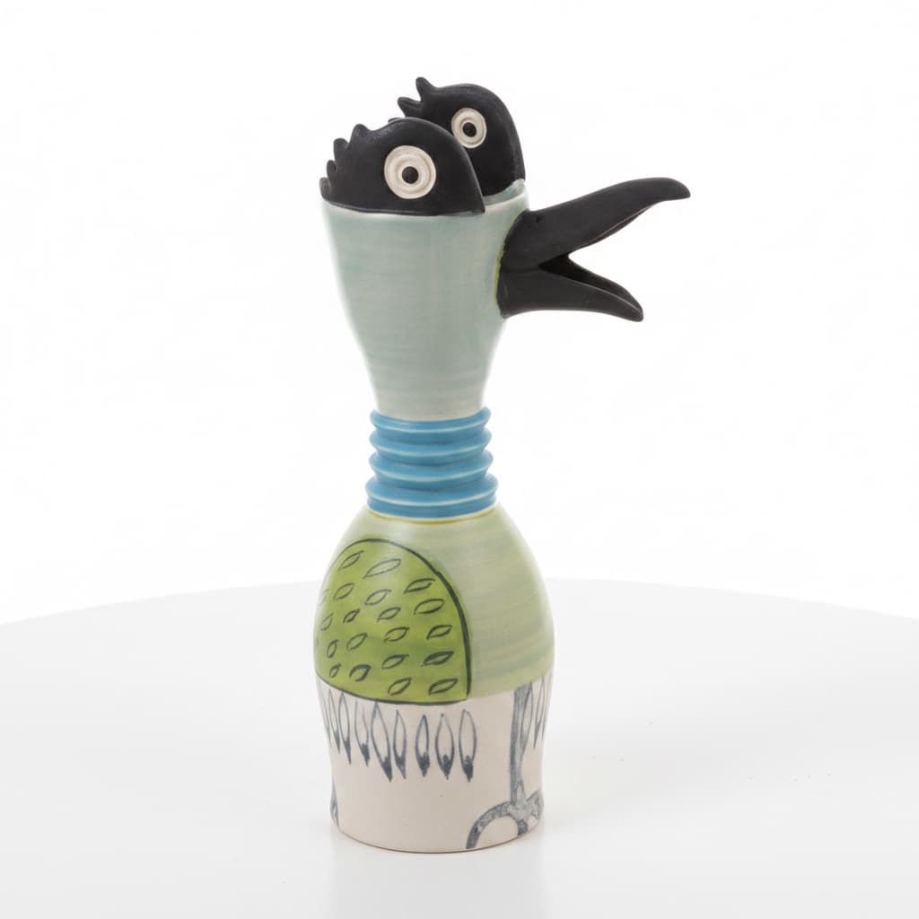 Kairava Gullatz ribbed neck ceramic bird jug.
