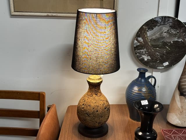 Mid-Century Cork Table Lamp with Brass and Walnut Base Lighting