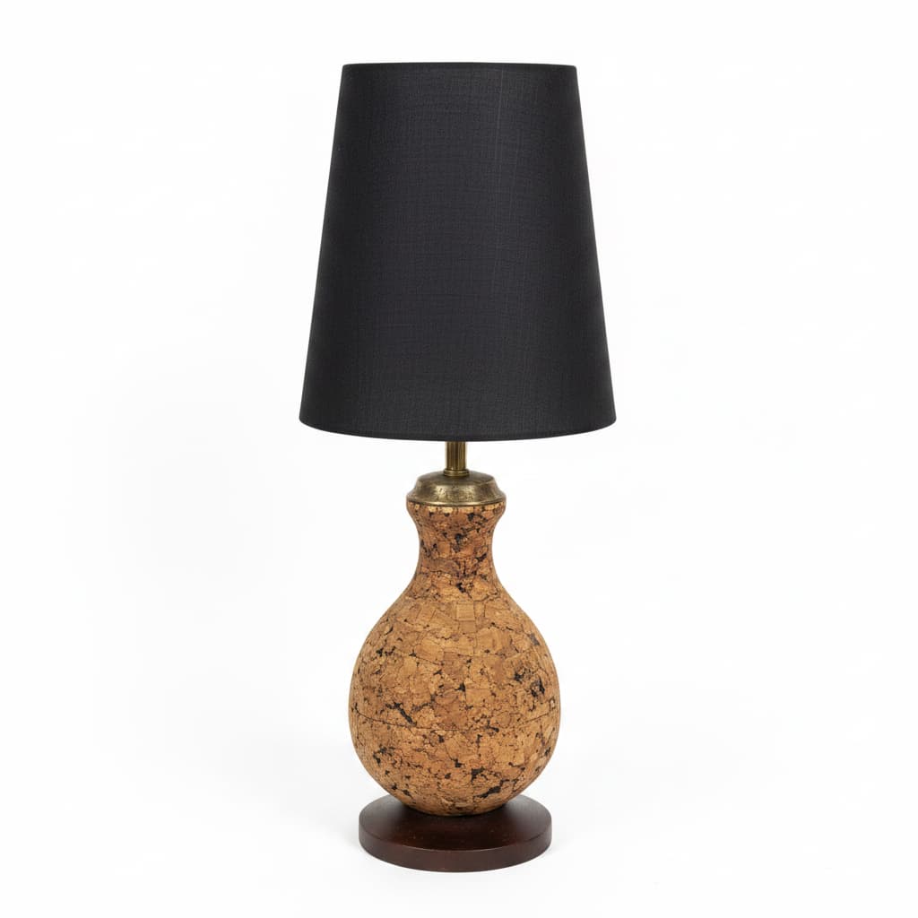 Mid-Century Cork Table Lamp with Brass and Walnut Base Lighting
