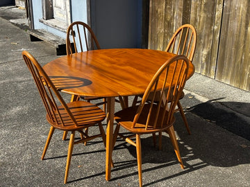 Vintage Ercol Light Elm Oval Drop Leaf Dining Table and 4 Quaker Chairs