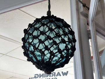 Vintage Aqua-Blue Glass Fishing Float in Hand-Tied Rope