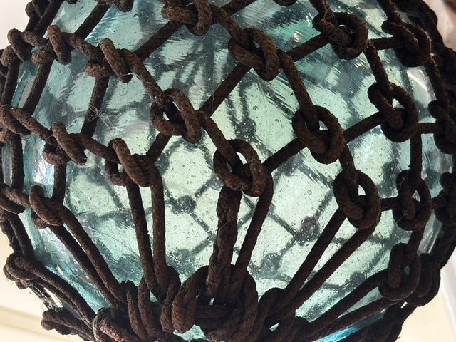 Vintage Aqua-Blue Glass Fishing Float in Hand-Tied Rope