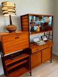 This mid-century modern Ladderax shelving unit features wooden shelves and glass display cabinets framed by black metal supports. A vintage typewriter and ceramic pieces are displayed on the shelves, with framed artwork and other decorative items hanging behind the wall.