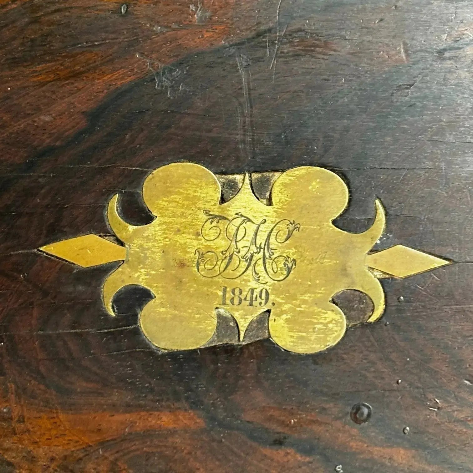 Antique 1840's Victorian Travel Desk with Brass Engraving - Industry Vintage