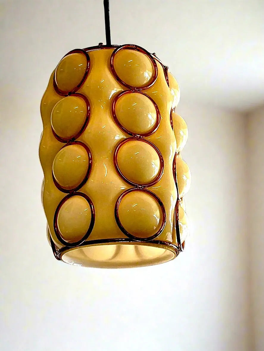 Yellow Glass Cage Hanging Pendant Light 1960's-1970's Retro Style Industry Vintage