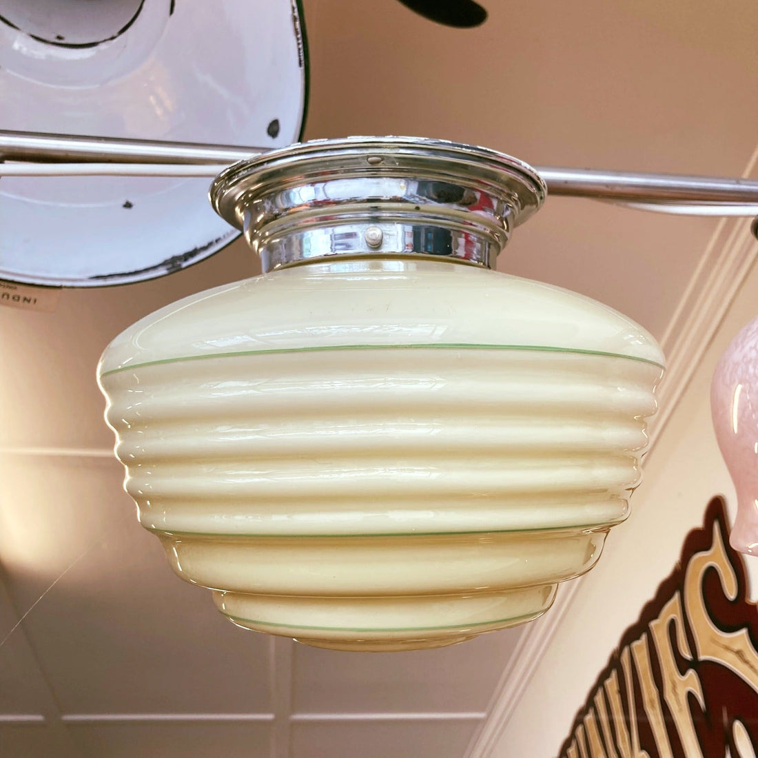 Glass Art Deco Ceiling Light Cream with Chrome Yoke - Industry Vintage