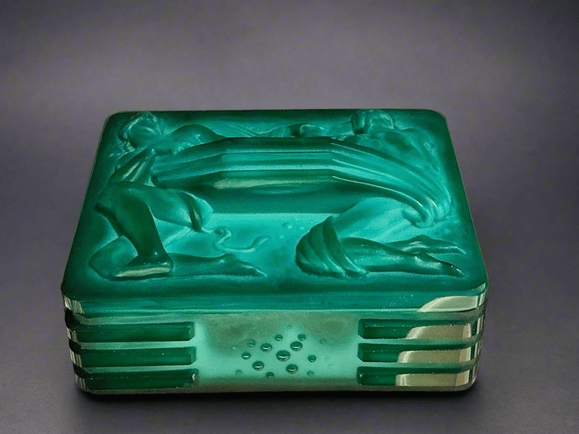 Curt Schlevogt Czech Art Deco Malachite Glass Box - Industry Vintage