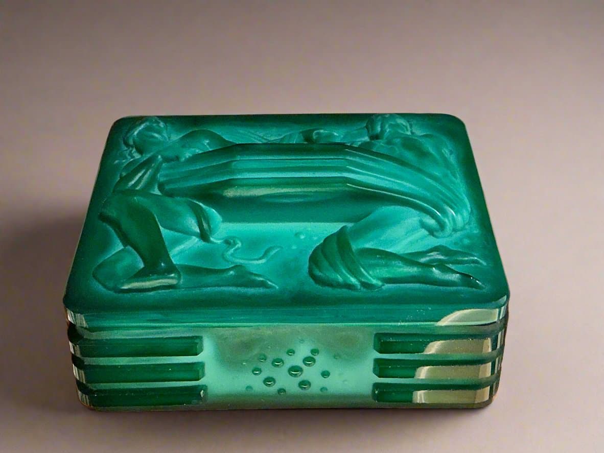 Curt Schlevogt Czech Art Deco Malachite Glass Box - Industry Vintage