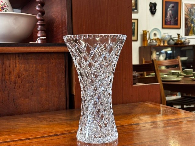 Large Vintage Diamond Point Crystal Vase - Industry Vintage