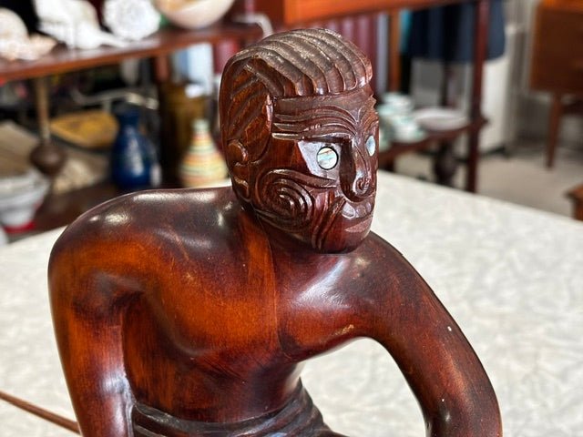 Māori Warrior with Spear Hand Wooden Carving - Industry Vintage