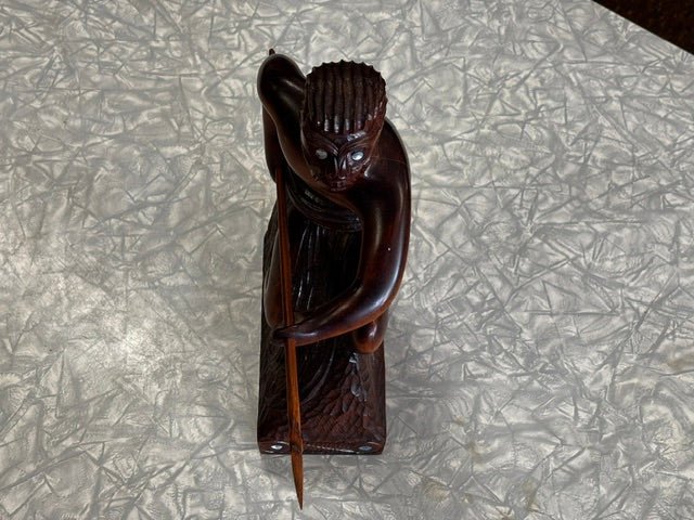 Māori Warrior with Spear Hand Wooden Carving - Industry Vintage