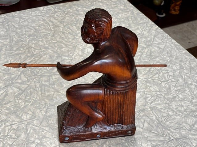 Māori Warrior with Spear Hand Wooden Carving - Industry Vintage