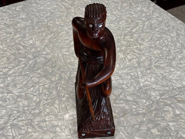 Māori Warrior with Spear Hand Wooden Carving - Industry Vintage