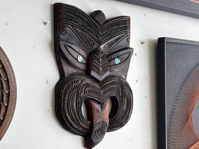 Māori Wheku Wooden Carving with Pāua eyes - Industry Vintage