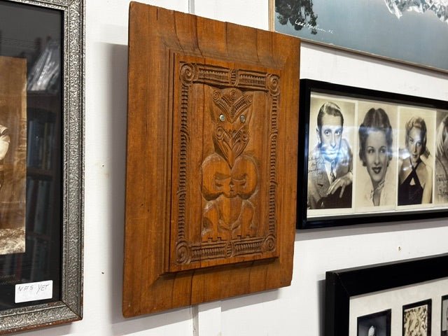 Māori Wooden Carving Panel with Pāua inlay - Industry Vintage