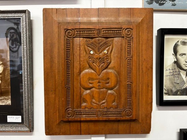 Māori Wooden Carving Panel with Pāua inlay - Industry Vintage