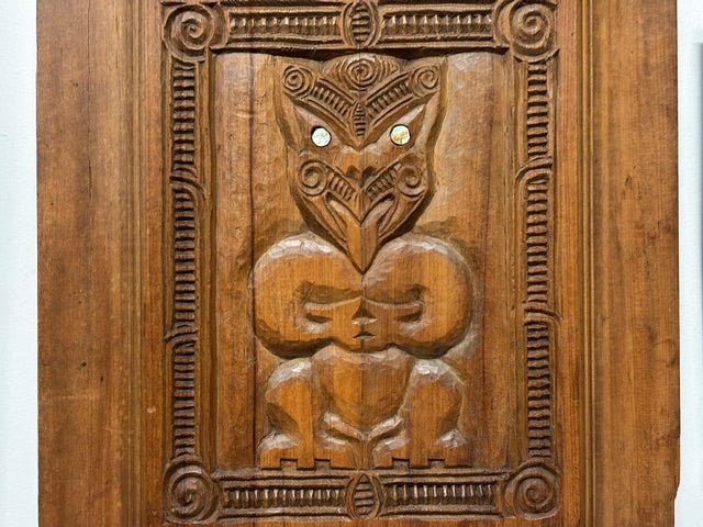 Māori Wooden Carving Panel with Pāua inlay - Industry Vintage