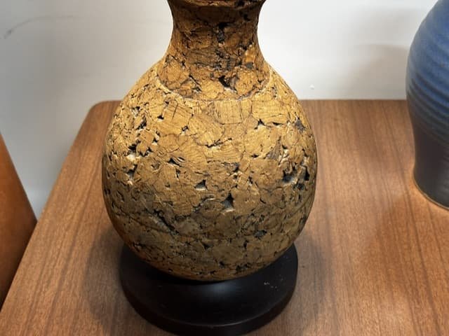 Mid-Century Cork Table Lamp with Brass and Walnut Base - Industry Vintage