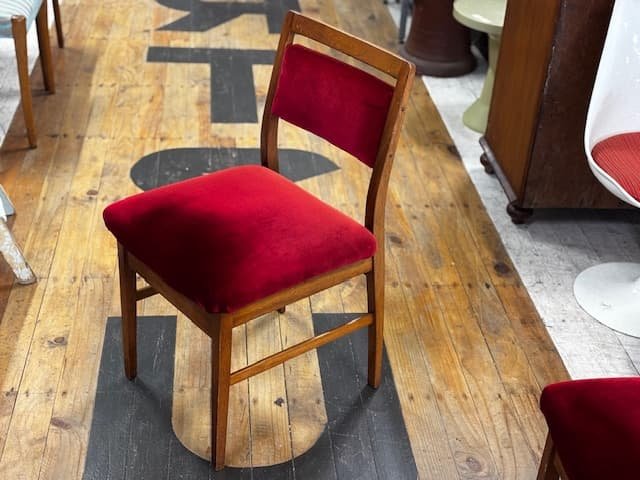 Mid Century Oak and Velvet Dining Chair Set x 6 - Industry Vintage
