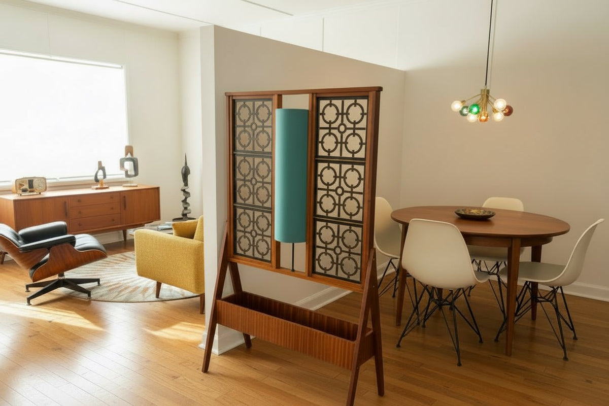 Midcentury Room Divider with Lamp and Pot Stand - Industry Vintage