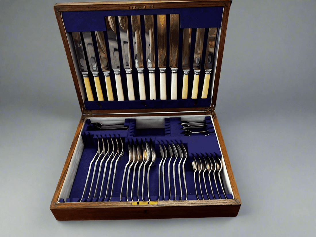 Mixed Vintage 42 Silver and Stainless Steel Cutlery Set with Bone Handle - Industry Vintage