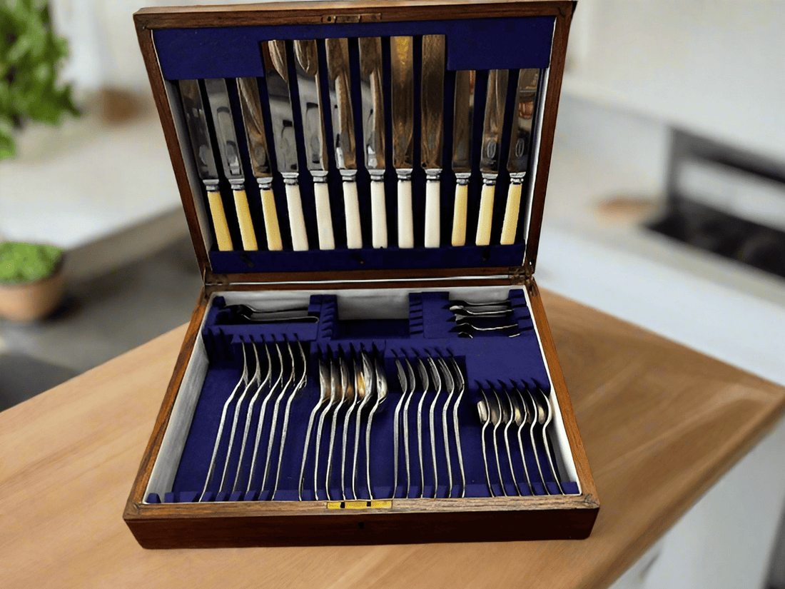 Mixed Vintage 42 Silver and Stainless Steel Cutlery Set with Bone Handle - Industry Vintage