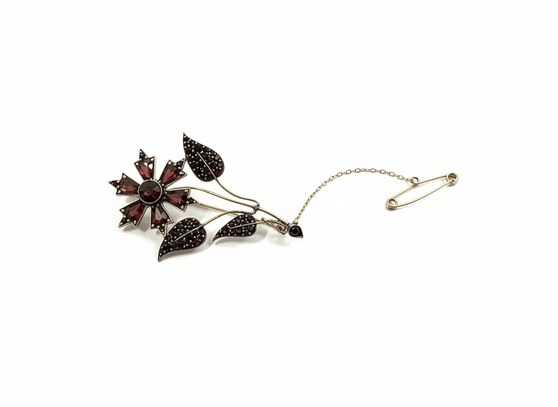 Rolled Gold Flower Brooch with Garnets - Industry Vintage