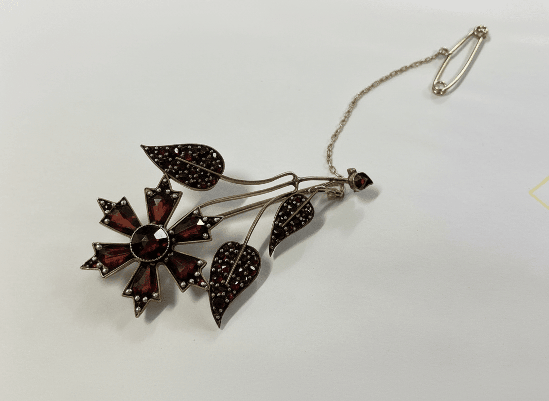 Rolled Gold Flower Brooch with Garnets - Industry Vintage