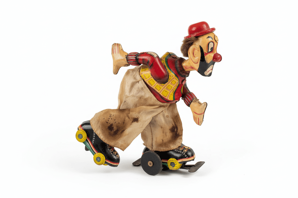 TPS 1950’s Tin Litho Wind Up Rollerskating Clown - Industry Vintage