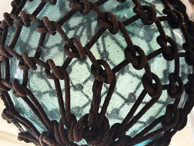 Vintage Aqua-Blue Glass Fishing Float in Hand-Tied Rope - Industry Vintage