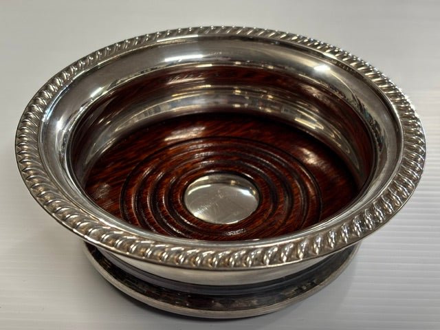 Vintage Barker Ellis Silver Plated Wine Coaster with Mahogany Base - Industry Vintage