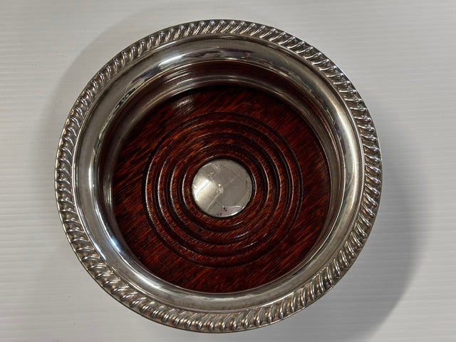 Vintage Barker Ellis Silver Plated Wine Coaster with Mahogany Base - Industry Vintage