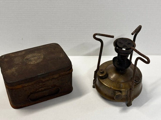 Vintage Brass Primus No 212 Kerosene Camping Stove and Original Metal Storage Tin - Industry Vintage