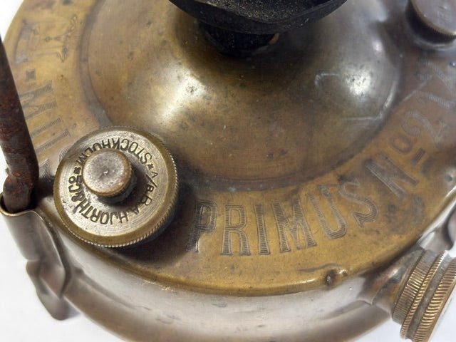 Vintage Brass Primus No 212 Kerosene Camping Stove and Original Metal Storage Tin - Industry Vintage