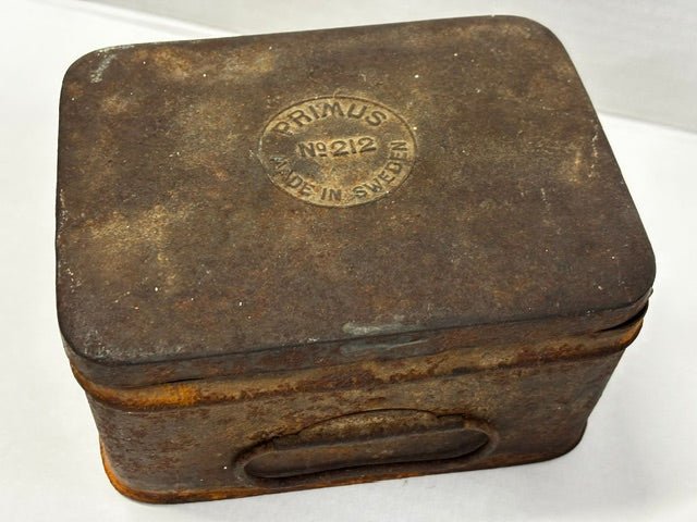 Vintage Brass Primus No 212 Kerosene Camping Stove and Original Metal Storage Tin - Industry Vintage