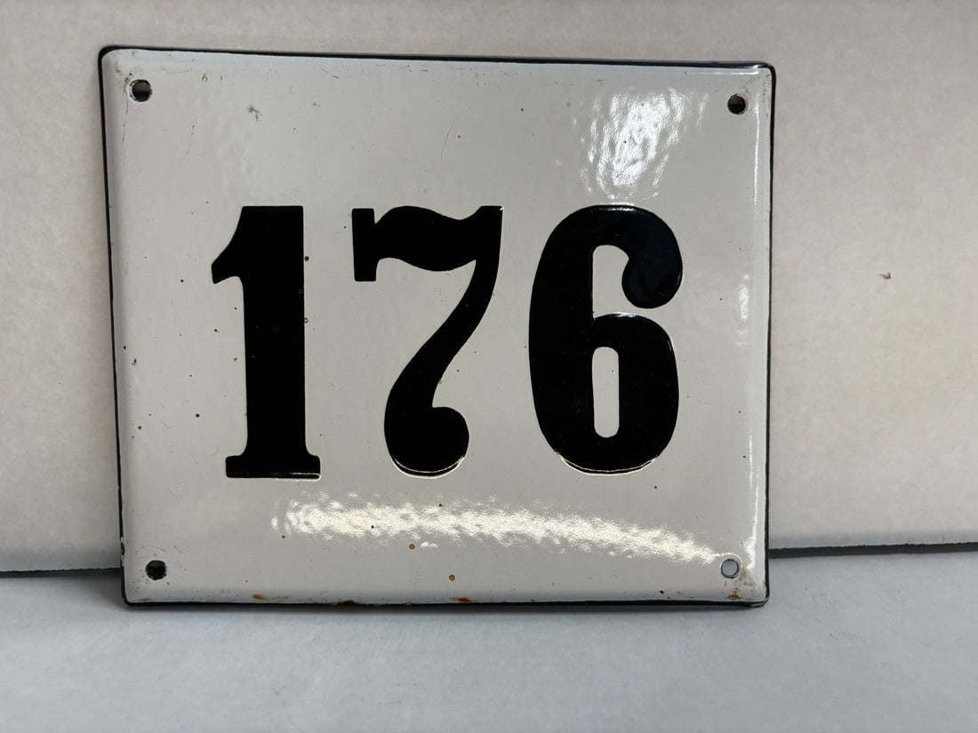 Vintage Enamel, Porcelain on Steel, European House Number, White and Black - Industry Vintage180